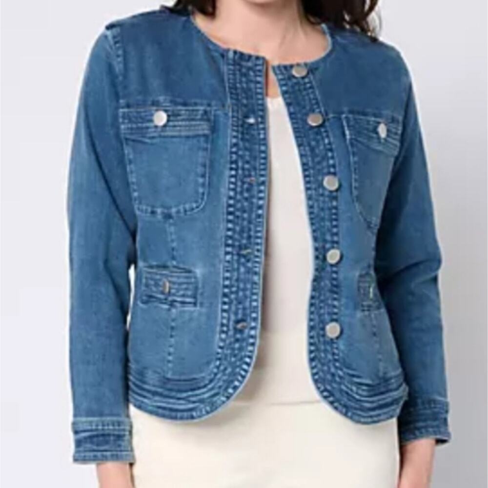 Studio Park Women's Button Front Collarless Jeans Jacket. Size XL